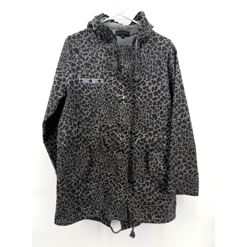 Laura Ashley Leopard Animal Print Full Zip Jacket Sz M Black Gray Stretch Hood